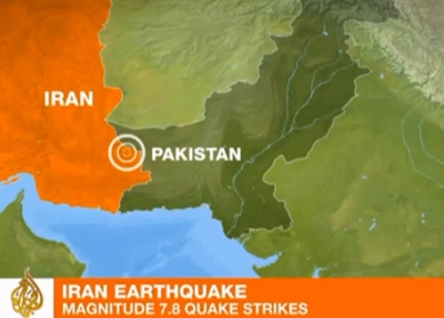 Al Jazeera's coverage of the Iran earthquake shows a map of the affected area, near the country's border with Pakistan.