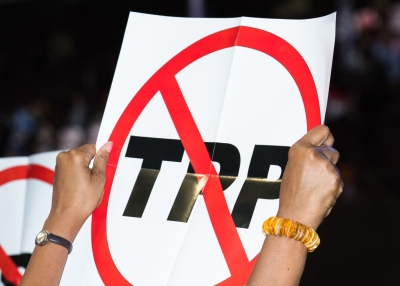 An anti-TPP protester at the 2016 Democratic National Convention
