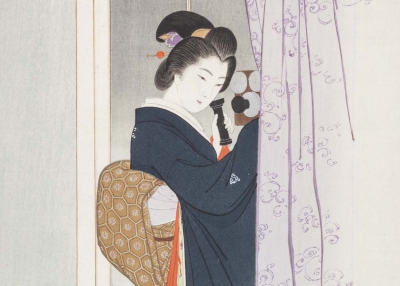 Woodblock print of a merchant's wife on the telephone