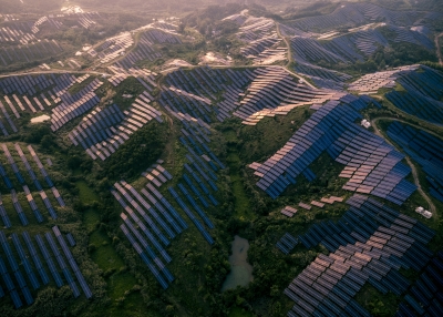 Aerial view of big scale of solar energy plant on the mountains area