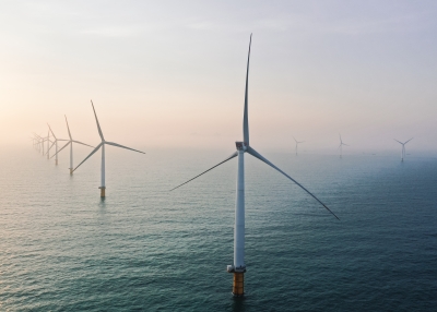 Row of wind turbines in the sea, China